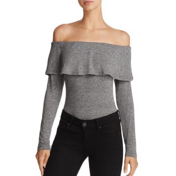 Bardot Tops - Bardot Grey Long Sleeve Bodysuit with Ruffle